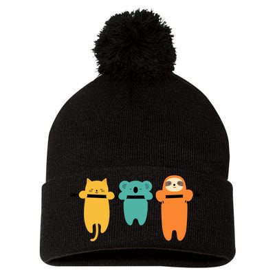 Hang In There Cat Sloth And Koala Cute Pom Pom 12in Knit Beanie