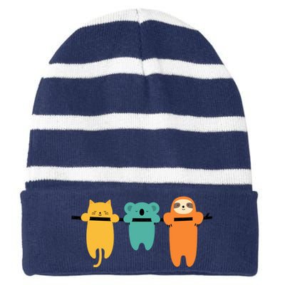 Hang In There Cat Sloth And Koala Cute Striped Beanie with Solid Band