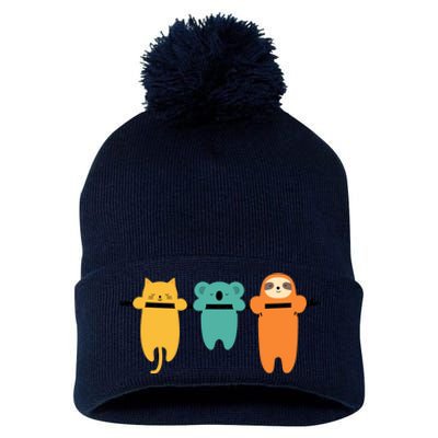 Hang In There Cat Sloth And Koala Cute Pom Pom 12in Knit Beanie