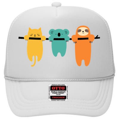 Hang In There Cat Sloth And Koala Cute High Crown Mesh Back Trucker Hat