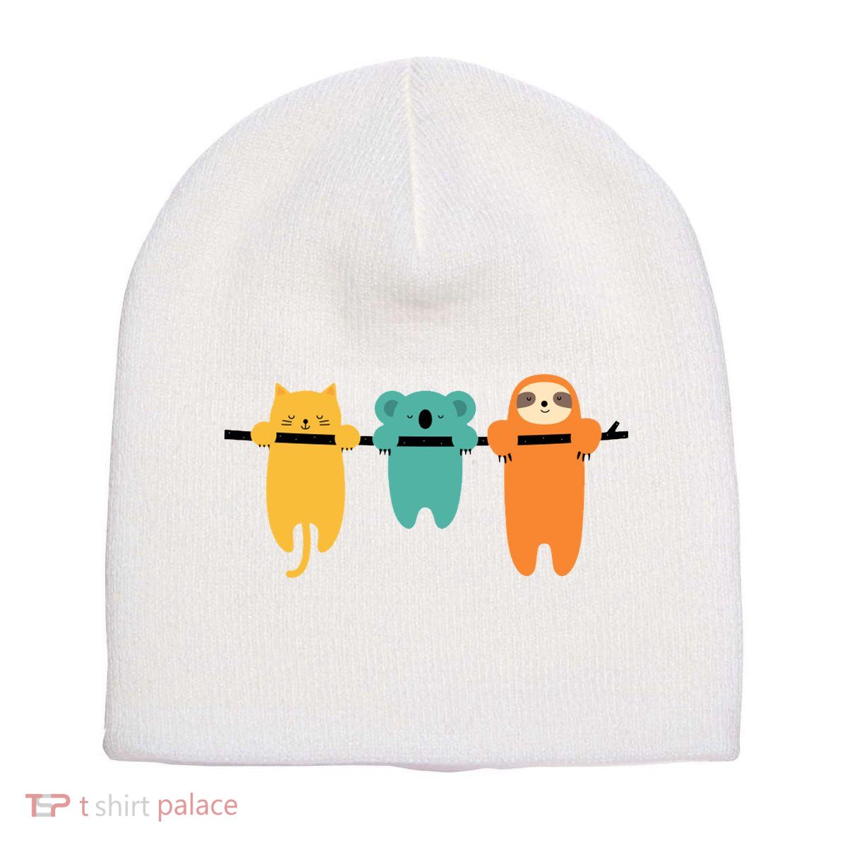 Hang In There Cat Sloth And Koala Cute Short Acrylic Beanie