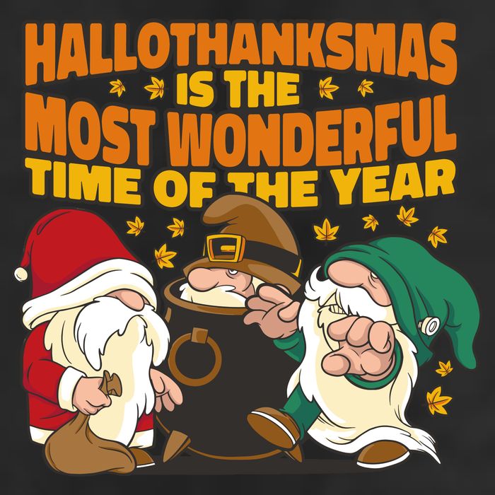 Hallothanksmas Is The Most Wonderful Time Of The Year Holiday Gnomes 7 Panel Mesh Trucker Snapback Hat