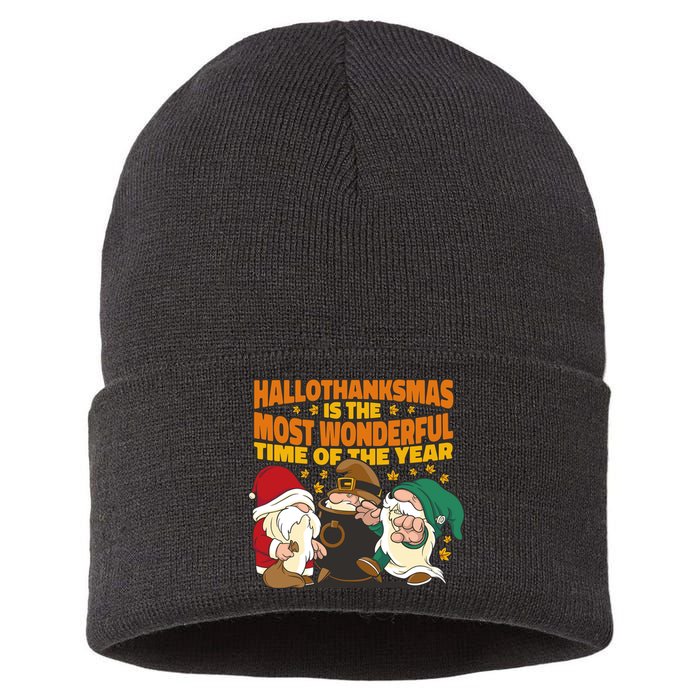 Hallothanksmas Is The Most Wonderful Time Of The Year Holiday Gnomes Sustainable Knit Beanie