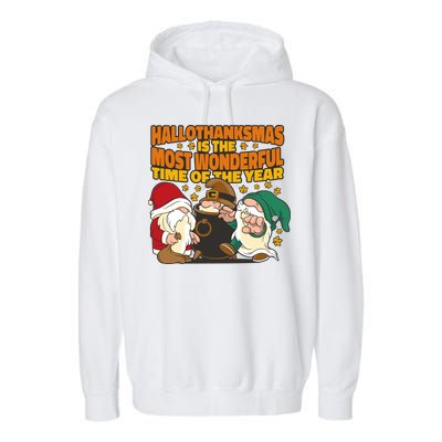 Hallothanksmas Is The Most Wonderful Time Of The Year Holiday Gnomes Garment-Dyed Fleece Hoodie