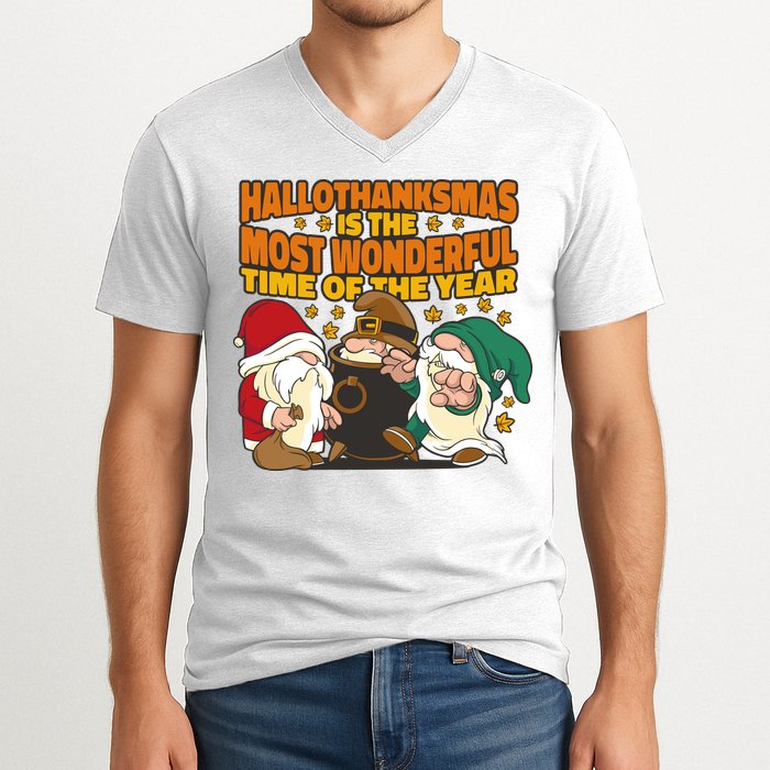 Hallothanksmas Is The Most Wonderful Time Of The Year Holiday Gnomes V-Neck T-Shirt