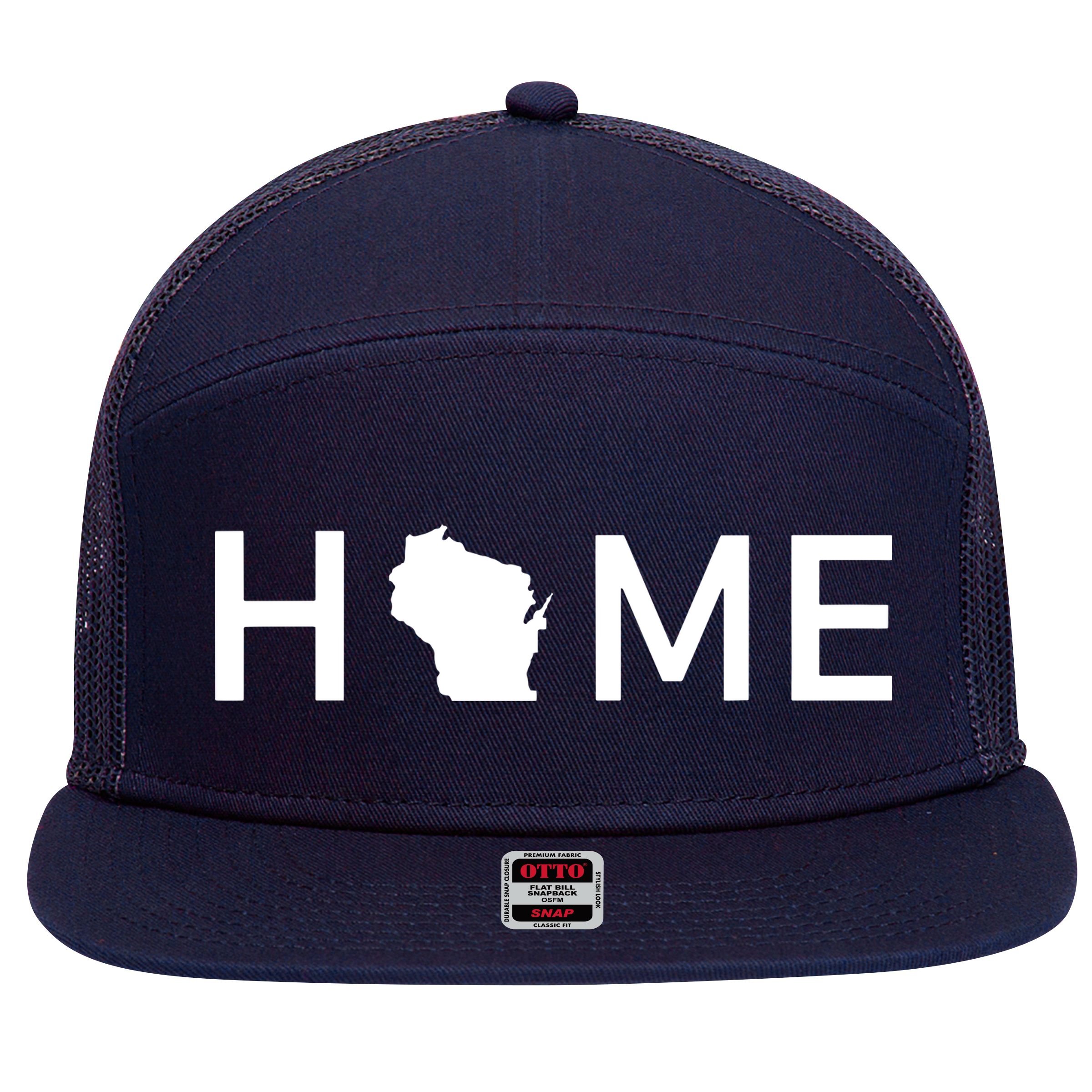 Home In Wisconsin Love Us State Outline Silhouette 7 Panel Mesh Trucker Snapback Hat