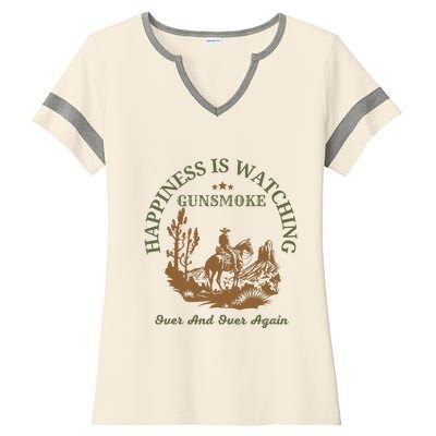 Happiness Is Watching Gunsmoke Over And Over Again Cowboy Ladies Halftime Notch Neck Tee