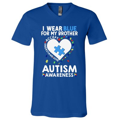 Heart I Wear Blue For My Brother Autism Awareness Month Cute Gift V-Neck T-Shirt