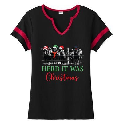 Herd It Was Christmas Cute Christmas Cow Heifer Lover Farmer Ladies Halftime Notch Neck Tee