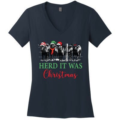 Herd It Was Christmas Cute Christmas Cow Heifer Lover Farmer Women's V-Neck T-Shirt