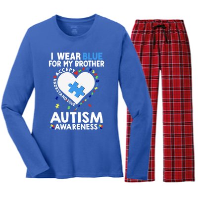 Heart I Wear Blue For My Brother Autism Awareness Month Gift Women's Long Sleeve Flannel Pajama Set 