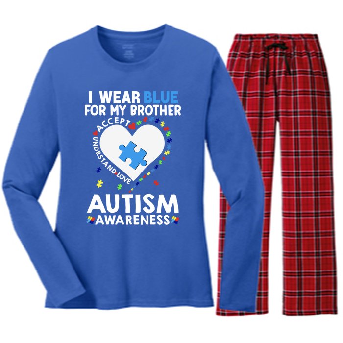 Heart I Wear Blue For My Brother Autism Awareness Month Gift Women's Long Sleeve Flannel Pajama Set 