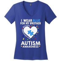 Heart I Wear Blue For My Brother Autism Awareness Month Gift Women's V-Neck T-Shirt