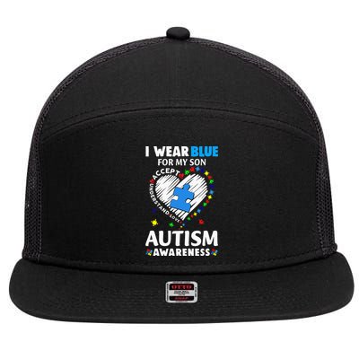 Heart I Wear Blue For My Son Autism Awareness Month 7 Panel Mesh Trucker Snapback Hat