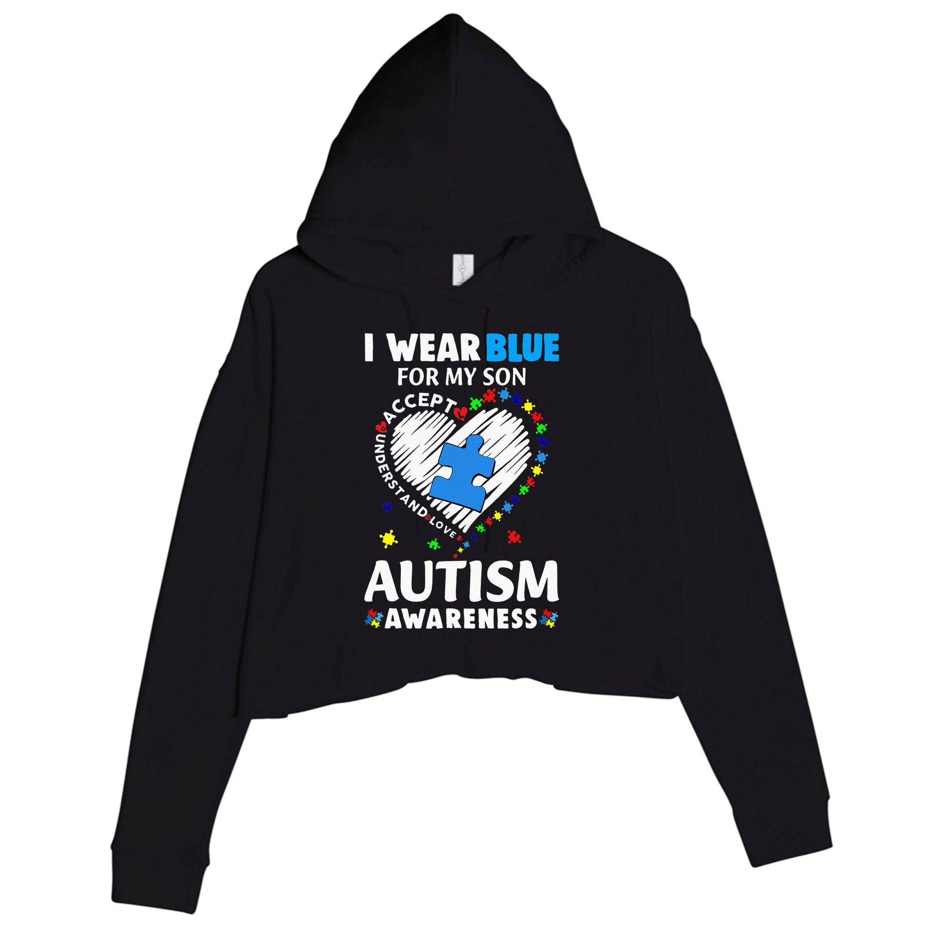 Heart I Wear Blue For My Son Autism Awareness Month Crop Fleece Hoodie