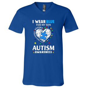 Heart I Wear Blue For My Son Autism Awareness Month V-Neck T-Shirt