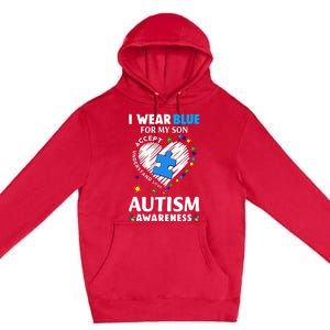 Heart I Wear Blue For My Son Autism Awareness Month Premium Pullover Hoodie