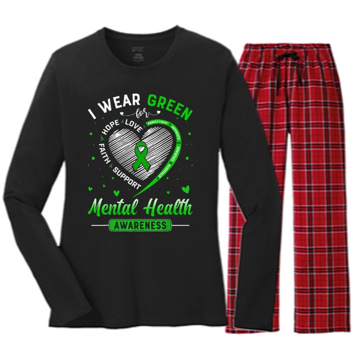 Heart I Wear Green For Mental Health Awareness Month Women's Long Sleeve Flannel Pajama Set 