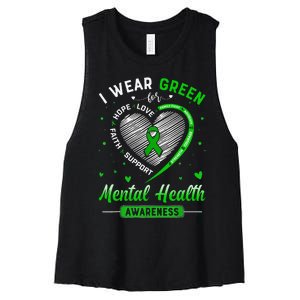 Heart I Wear Green For Mental Health Awareness Month Women's Racerback Cropped Tank