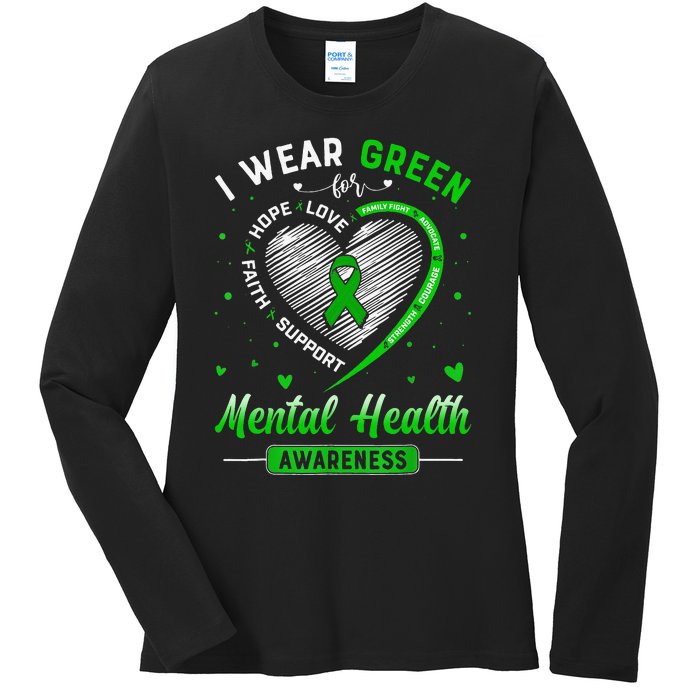 Heart I Wear Green For Mental Health Awareness Month Ladies Long Sleeve Shirt