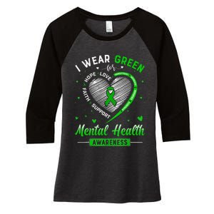 Heart I Wear Green For Mental Health Awareness Month Women's Tri-Blend 3/4-Sleeve Raglan Shirt