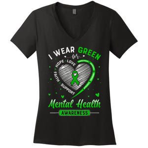 Heart I Wear Green For Mental Health Awareness Month Women's V-Neck T-Shirt