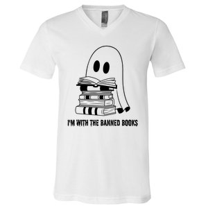 Halloween Im With The Banned Ghost Reading Book Librarian V-Neck T-Shirt