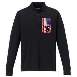 Heifer July 4 American Flag Farmer Gift Cow Cattle Gift Tee Gift Performance Long Sleeve Polo