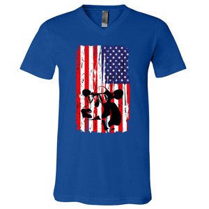 Heifer July 4 American Flag Farmer Gift Cow Cattle Gift Tee Gift V-Neck T-Shirt