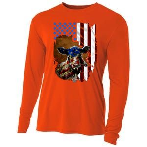 Heifer July 4 American Flag Farmer Gift Cow Cattle Gift Cooling Performance Long Sleeve Crew