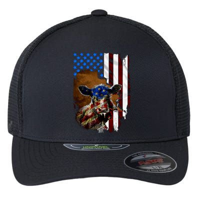 Heifer July 4 American Flag Farmer Gift Cow Cattle Gift Flexfit Unipanel Trucker Cap