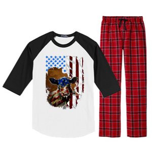 Heifer July 4 American Flag Farmer Gift Cow Cattle Gift Raglan Sleeve Pajama Set