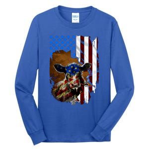 Heifer July 4 American Flag Farmer Gift Cow Cattle Gift Tall Long Sleeve T-Shirt