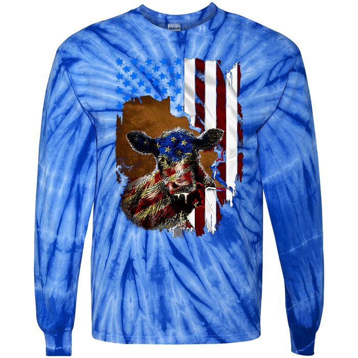 Heifer July 4 American Flag Farmer Gift Cow Cattle Gift Tie-Dye Long Sleeve Shirt