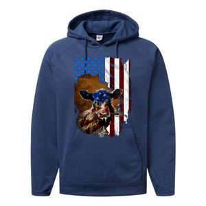 Heifer July 4 American Flag Farmer Gift Cow Cattle Gift Performance Fleece Hoodie