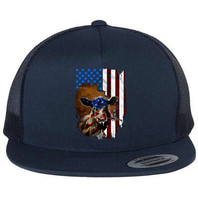 Heifer July 4 American Flag Farmer Gift Cow Cattle Gift Flat Bill Trucker Hat