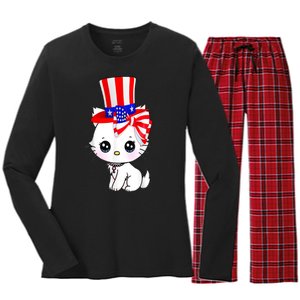 Happy July 4th Usa Flag Cute Cat Daddy Mommy Boy Girl Gift Women's Long Sleeve Flannel Pajama Set 