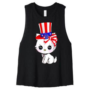 Happy July 4th Usa Flag Cute Cat Daddy Mommy Boy Girl Gift Women's Racerback Cropped Tank