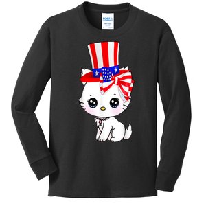 Happy July 4th Usa Flag Cute Cat Daddy Mommy Boy Girl Gift Kids Long Sleeve Shirt