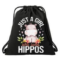 Hippopotamus Just A Who Loves Hippos Flower Cute Floral Drawstring Bag