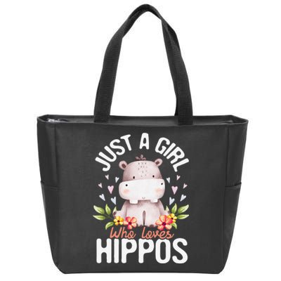 Hippopotamus Just A Who Loves Hippos Flower Cute Floral Zip Tote Bag