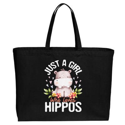 Hippopotamus Just A Who Loves Hippos Flower Cute Floral Cotton Canvas Jumbo Tote