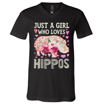 Hippopotamus Just A Girl Who Loves Hippos Flower Cute Floral V-Neck T-Shirt
