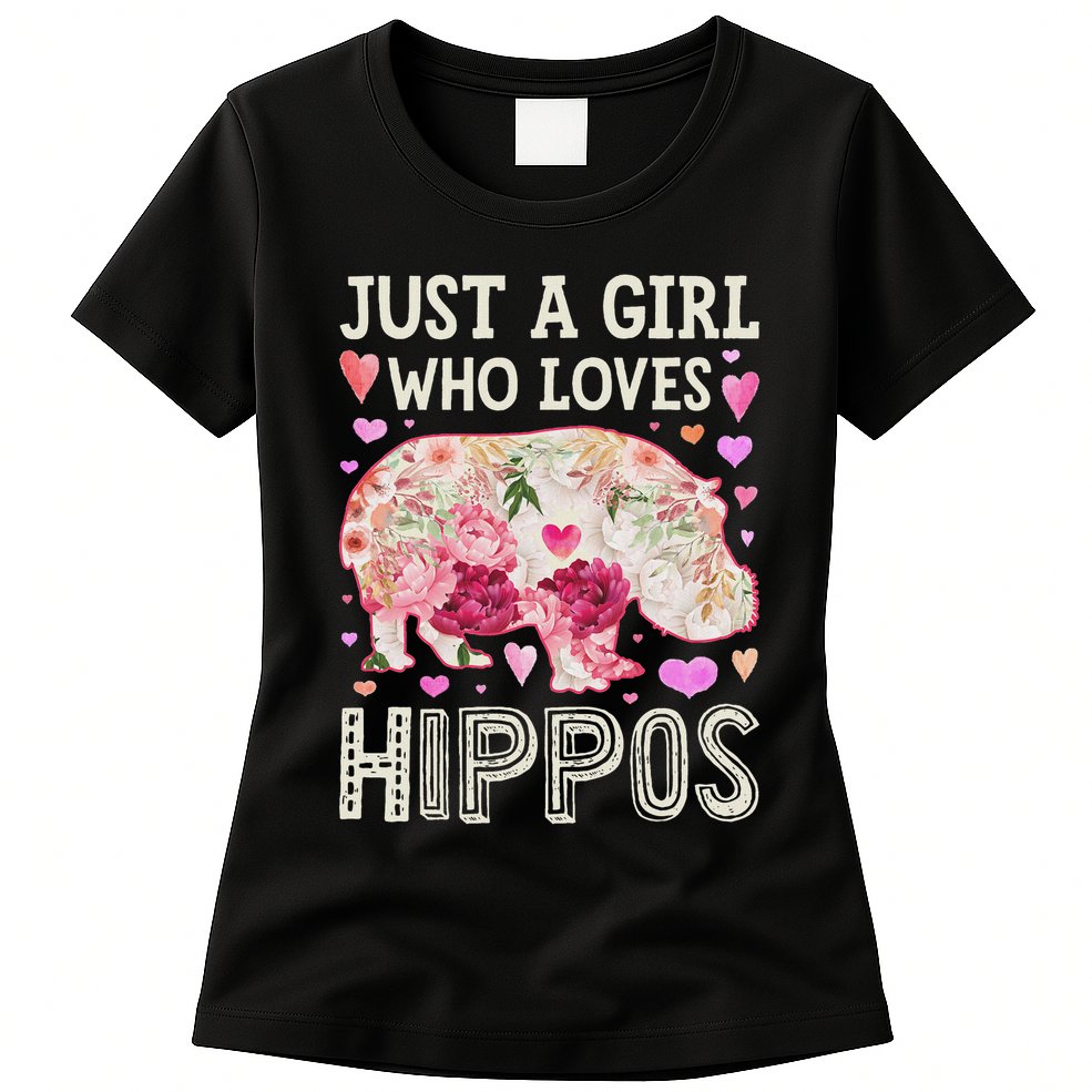 Hippopotamus Just A Girl Who Loves Hippos Flower Cute Floral Womens T-Shirt