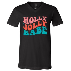 Holly Jolly Babe Retro Christmas V-Neck T-Shirt