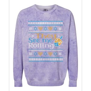 Hanukkah Jewish Dreidel They See Me Rolling Ugly Sweater Colorblast Crewneck Sweatshirt