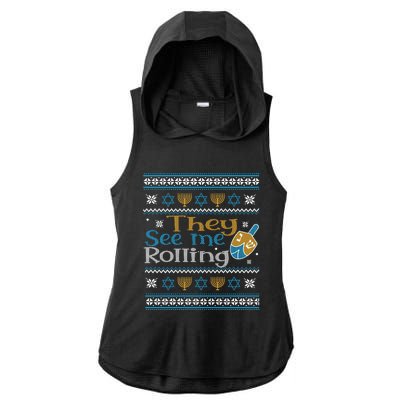 Hanukkah Jewish Dreidel They See Me Rolling Ugly Sweater Ladies PosiCharge Tri-Blend Wicking Draft Hoodie Tank