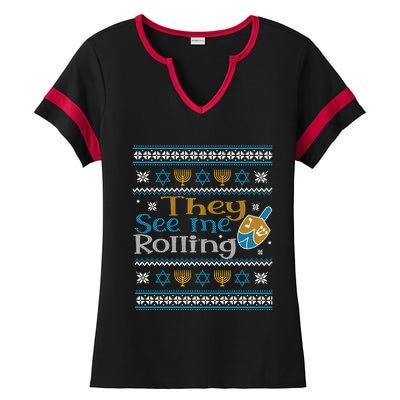 Hanukkah Jewish Dreidel They See Me Rolling Ugly Sweater Ladies Halftime Notch Neck Tee