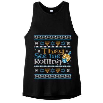 Hanukkah Jewish Dreidel They See Me Rolling Ugly Sweater Ladies PosiCharge Tri-Blend Wicking Tank