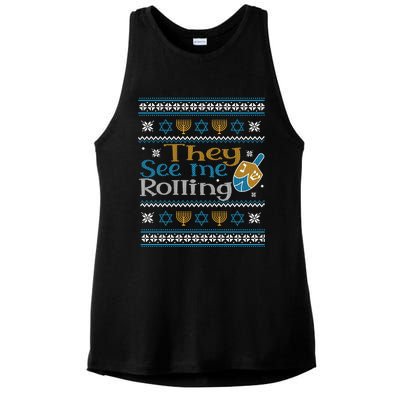 Hanukkah Jewish Dreidel They See Me Rolling Ugly Sweater Ladies PosiCharge Tri-Blend Wicking Tank